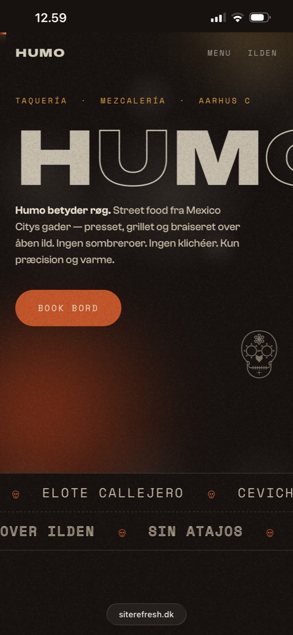 Mobilvisning af HUMO, et tænkt website-eksempel for en mexicansk street food-restaurant